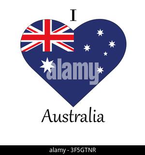 Illustration von I Love Australia mit einem herzförmigen Schild mit einer Flagge auf weißem Hintergrund Stockfoto