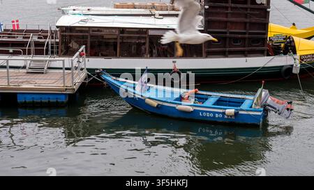 Kleines blaues Holzboot, das neben einem traditionellen Rabelo-Tour-Schiff am Douro-Fluss in Porto, Portugal, festgemacht ist — Konzept: Arbeitsschiffe auf dem Fluss, Douro Maritim Stockfoto