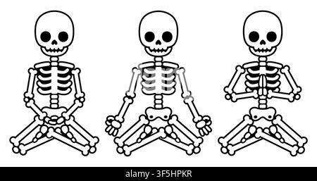Cartoon-meditierende Skelette, einfache Schwarz-Weiß-Illustration. Drei lustige Skelette in Lotusstellung mit verschiedenen Handpositionen (Mudra) Stock Vektor