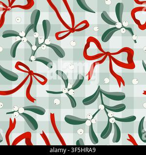Mistelbezweige und rote Schleifen niedliches Vektor-Muster ohne Ende auf Gingham-Hintergrund. Weihnachtshintergrund für Stoff, Tapete, Verpackung, Textilien, de Stock Vektor
