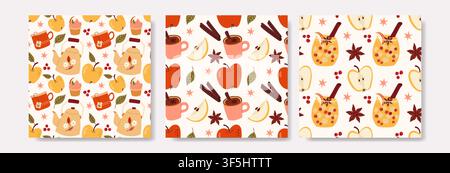 Set aus drei gemütlichen Herbst-Muster ohne Ende mit Teekannen, Äpfeln, Heißgetränken, Zimt und saisonalen Herbstelementen im flachen handgezeichneten Stil. Perf Stock Vektor