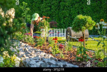 Eine Person pflanzt Blumen in einem Garten, der von Felsen und Grünflächen umgeben ist. Die Szene zeigt leuchtende Blumen und ein Rollwerkzeug in der Nähe. Die Sonne scheint do Stockfoto
