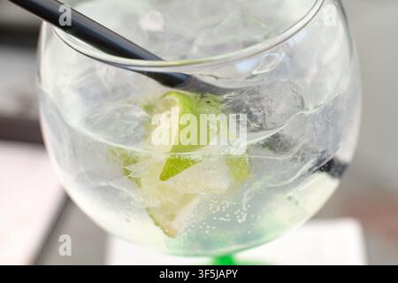Eine Nahaufnahme eines erfrischenden alkoholisches Getränks mit einem Gin-Tonic-Drink, der in einem großen Glas mit frischen Limettenstücken und Eiswürfeln serviert wird. Stockfoto
