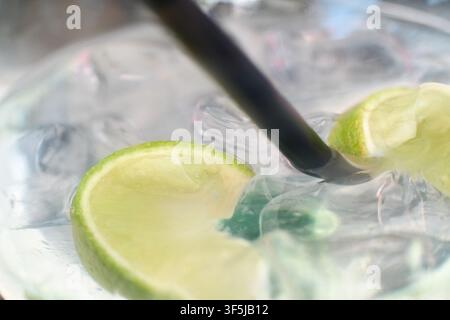 Nahaufnahme eines erfrischenden Gin-Tonic-Cocktails, garniert mit frischen Limettenstücken und Eiswürfeln, serviert in einem Glas mit einem dunklen Strohhalm. Stockfoto