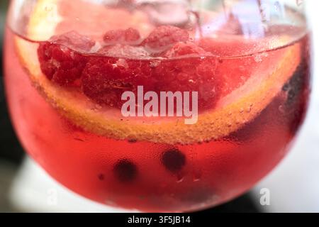 Nahaufnahme eines erfrischenden Pink-Gin-Cocktails, garniert mit frischen Himbeeren und Zitronenscheiben. Stockfoto