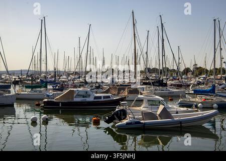 Viele Segelboote und Yachten, die in einer belebten Marina mit ruhigem Wasser an einem sonnigen Tag in Lymington, Hampshire, festgemacht sind Stockfoto