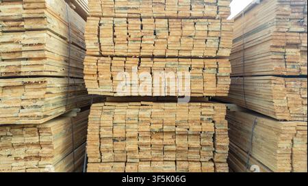 Ordentlich gestapelte Holzbretter in einem Sägewerk. Konzept der Forstindustrie, Holzversorgung, Tischlermaterial und Bauspeicherung. Stockfoto