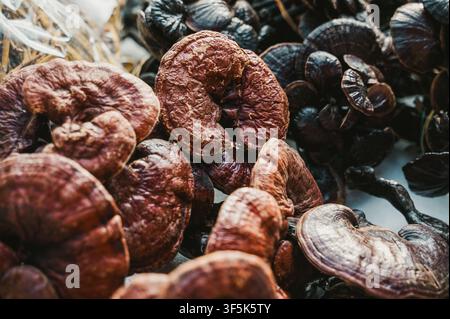 Nahaufnahme von getrockneten Roselle-Hibiskusblüten, die auf einem lokalen Markt in Luang Prabang, Laos, ausgestellt sind. Tiefrote Kelche zeigen natürliche Textur, traditionelles Fo Stockfoto