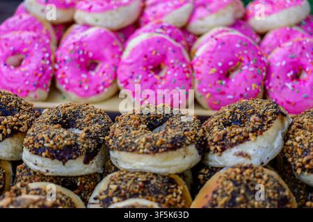 Nahaufnahme von schokoladenüberzogenen Donuts mit Nussbelag neben rosa erdbeerüberzogenen Donuts, verziert mit bunten Streuseln. Stockfoto