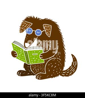 der Hund liest. Zurück zur Schule. Handgezeichnet. Nicht KI, Vektorillustration Stock Vektor