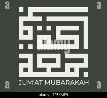 Moderne geometrische quadratische Kufische arabische Kalligrafie mit Jumat Mubarakah-Text auf dunklem Hintergrund für islamisches Freitagbegrüßungsdesign. Stock Vektor