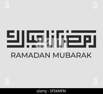 Minimalistische schwarze Kufische arabische Kalligrafie mit Ramadan-Mubarak-Text für islamische Feiertagsgrüße und kreative Projekte. Stock Vektor