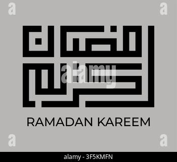 Elegantes modernes quadratisches Kufi-Schriftkunstdesign mit der Aufschrift Ramadan Kareem in schwarzer Typografie auf einem sauberen grauen Hintergrund. Stock Vektor