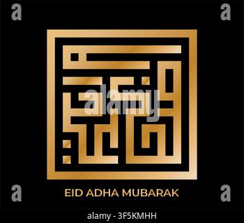 Elegante goldene quadratische Kufische arabische Kalligrafie für Eid Adha Mubarak auf schwarzem Hintergrund, perfekt für islamische Feiertagsgrußkarten und Beiträge. Stock Vektor