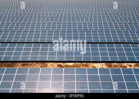 Top-Down-Drohnenblick auf eine große Solarpanel-Installation mit sich wiederholenden geometrischen Mustern. Stockfoto