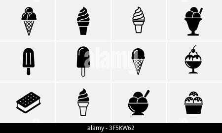 Satz von schwarzen Vektor-Eiscreme-Ikonen mit verschiedenen Arten von Frostatten, darunter Waffeltüten, Soft-Serve, Eis am Stiel, Sundae-Becher Stock Vektor