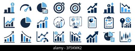 Satz von Vektor-Business-Analytics-, Finanz- und Diagramm-Icons mit Wachstumsgraphen, Kreisdiagrammen, Zielbrettern, Finanzberichten, Leistungsmessern Stock Vektor