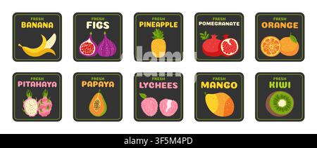 Retro-Fruchtaufkleber-Set. Bunte Bio-Bauernhof-Etiketten für Supermarkt und Lebensmittelladen. Trendige Cartoon-Abzeichen mit frischer Qualität Feige Ananas Banane Mango Kiwi. Flache Vektor-Illustrationssammlung Stock Vektor