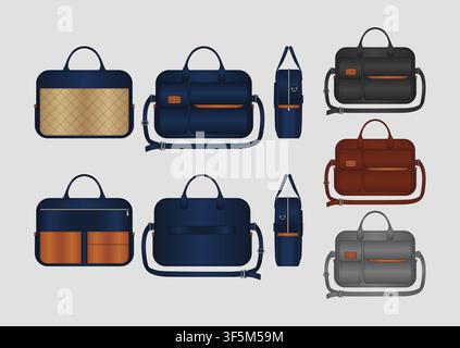 Luxus-Executive-Laptop-Aktentasche Vektor-Mockup mit technischem Flachaufbau, doppelten Tragegriffen und verstellbarem Umhängegurt Stock Vektor
