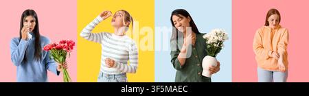 Vier Frauen, die unter saisonalen Allergien leiden, mit Niesen, juckende Augen und Hautreizungen durch Pollen und Blumen Stockfoto