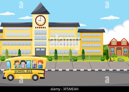 Eine Cartoon-Illustration eines gelben Schulbusses, der glückliche Kinder vor einem großen Schulgebäude transportiert. Stock Vektor