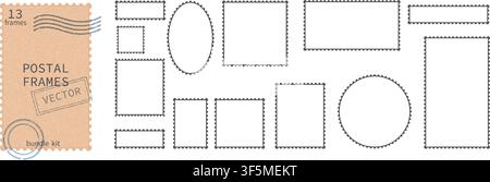 Leeres Briefmarkenset mit perforierten schwarzen Kanten. Vektorset mit rechteckigen, quadratischen, runden und ovalen Vorlagen. Mockup-Aufkleberelemente für Post Stock Vektor