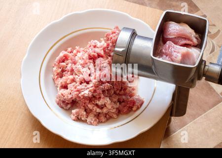 Vorbereitung von Hackfleisch mit einer manuellen Fleischwolf. Fleischwolf und frisches Hackfleisch auf einem Teller. Stockfoto