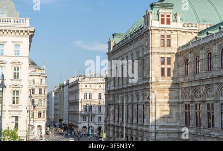 Außenarchitektur des Wiener Staatsoperngebäudes mit Straßen- und Stadtansichten in Wien, Österreich - 21. Juni 2026 Stockfoto