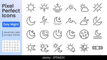 Sonne, Mond, Tag Nacht und Schlaf Linien-Ikonen-Set. Tageszeit, Sonnenaufgang, heißes Wetter, tägliche Routine, morgendliche lineare minimale Vektorillustration. Einfache Umriss Stock Vektor