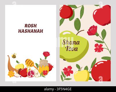 Zwei Rosh-Hashanah-Grußkarten mit Äpfeln, Honig, Granatäpfeln, Blumen und Bienen, die Rosh Hashanah zeigen Stock Vektor