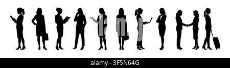 Geschäftsfrauen, die als Silhouetten in einer Reihe in verschiedenen Posen stehen. Tätigkeiten ausüben – reden, an einem Laptop arbeiten und Telefone benutzen. Die Szene zeigt eine geschäftige Arbeitsumgebung. Flachvektorgrafik. Stock Vektor