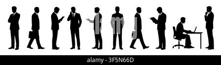 Geschäftsmänner stehen als Silhouetten in einer Reihe in verschiedenen Posen. Sie betätigen sich in Aktivitäten – Gespräche führen, an Laptops arbeiten und Telefone benutzen. Die Szene zeigt eine geschäftige Arbeitsumgebung. Flache Vektorillustration. Stock Vektor