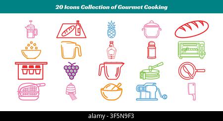 Helle und fröhliche Sammlung von 20 Gourmet-Koch-Icons, darunter Küchenutensilien und Lebensmittel, im Vektorformat. Stock Vektor