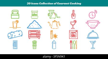 Satz von 20 lebendigen Symbolen, die verschiedene Gourmet-Kochwerkzeuge und Gerichte in einem stilisierten Vektorformat darstellen. Stock Vektor