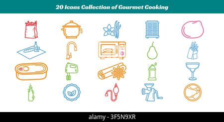 Zwanzig farbenfrohe Symbole, die verschiedene Gourmet-Kochutensilien und Zutaten in einem Flat-Design-Stil darstellen. Stock Vektor