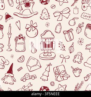 Handgezeichnetes Weihnachtsnussknacker-Muster ohne Naht, Vektor-Doodle-Illustration Stock Vektor