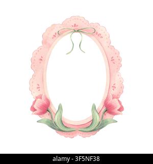 Rosa Spitzenovalrahmen mit Tulpen, grüner Schleife. Handgemalte Aquarellillustration isoliert auf Weiß für Hochzeitsstationäre, Grußkarten, feminines B Stockfoto