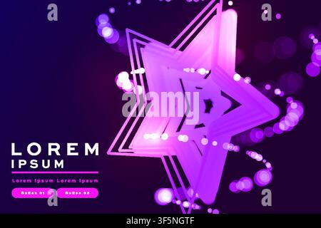 Lila abstrakter Sternenhintergrund mit leuchtenden Neonlinien, Bokeh-Lichtern, futuristischem geometrischem Bannertemplendesign. Stock Vektor