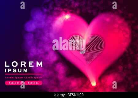 Leuchtender rosa Herz-Hintergrund mit Bokeh-Lichter, Halbtontlinien, romantischem Valentinstags-Banner, Liebes-Vorlage-Design. Stock Vektor