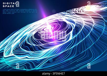 Banner mit digitalem Weltraumwirbel, blau-lila leuchtende Spiralenwellen mit Lichtausbruch auf dunklem Hintergrund, futuristisches Tech-Vektortemplate. Stock Vektor