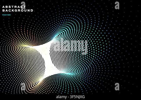 Abstrakter Halbtontpunkt-Hintergrund mit farbigem leuchtendem Radialmuster, futuristisches Wirbel-Banner-Vorlagendesign Stock Vektor