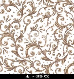 Goldfiligran-Ornament mit Punkt- und Arabesken-Muster ohne Naht. Handgezeichnete Aquarell-goldene barocke verschnörkelte Verzierung. Vintage-Grafik für dekoratives Design. Eleganter Rapport für Stoff oder Tapete. Stockfoto