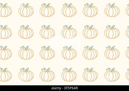 Herbst-Kürbis-Kreuzstich-Stickerei nahtloses Muster-Banner. Vintage-pixellierte Handarbeit wiederholender Hintergrund mit handgefertigtem orangefarbenem Kürbis-Vektor Stock Vektor