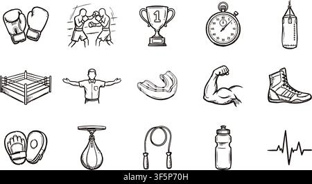 Box-Sport-Vektorgrafik-Sammlung mit Meisterschaftshandschuhen und Kampfring-Action sowie Gewinner-Trophäen und professioneller Trainingsausrüstung Stock Vektor