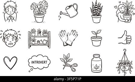 Sammmlung von Hauspflanzenpflege- und Innengarten-Symbolen, die botanische Symbole, pflegende Werkzeuge, Pflanzenwachstum und Lifestyle-Elemente zeigen Stock Vektor
