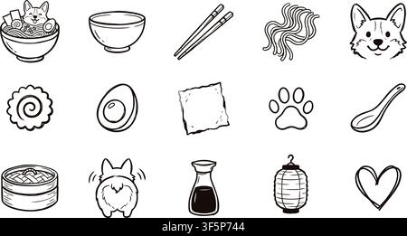 Handgezeichnetes japanisches Nudeln- und Welpen-Symbolset, das Hundegesichtsporträts und Narutomaki-Fischkuchen und gekochte Eier und Nori-Algenblätter und Pfotenabdrücke zeigt Stock Vektor