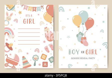 Set Babyparty-Einladungskarte für die Geschlechtsenthüllungsparty in rosa Farben. Ankündigung über die Feier zum Geburtstag eines Mädchens. Grußkarte für Neugeborene mit niedlichen Luftballons, Spielzeug für das Kinderzimmer, einem Regenbogen Stock Vektor