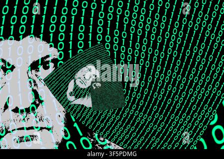 Abstrakter Binärcode mit einem menschlichen Kopf, der in einem verzerrten Strom schrumpft und in der Unendlichkeit verblasst. Person gefangen in der künstlichen virtuellen Realität des digitalen Raums. Stockfoto
