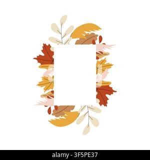 Reines rechteckiges weißes Rahmenwerk, umgeben von einem üppigen Büschel gemütlicher Herbstblätter auf weißem Hintergrund. Modernes botanisches Kopierraumtemplate für die Saison Stock Vektor