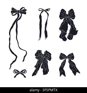 Niedliche handgezeichnete Fancy Bogenknoten schwarze Silhouetten Bündel isoliert auf weißem Hintergrund. Hübsche Vintage-monochrome Coketts Stock Vektor
